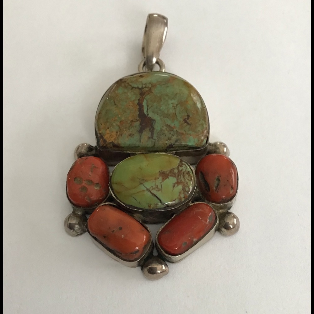 Large Sterling Green Turquoise Red Coral Pendant